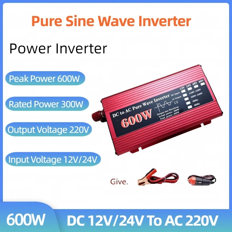 Pure Sine Wave Inverter DC 12V 24V To AC 220V Power 600W 50Hz Solar Car Inverters Single Digital Display Voltage Power Converter