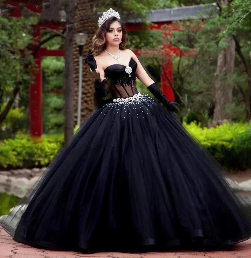 

ANGELSBRIDEP Black Quinceanera Dresses Masquerade Birthday Gowns Luxury Crystal Tulle Sash Formal Tulle Sweet 16 Prom Gowns NEW