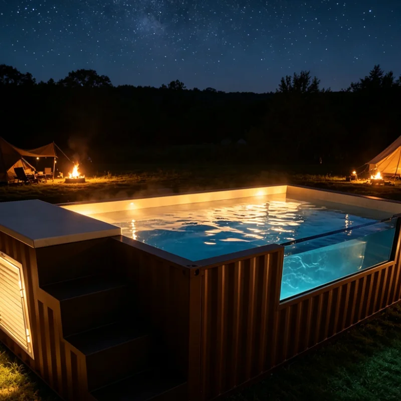Quick-drain Container Swimming Pool, Fast Water Discharge Design for Seasonal Camps, Holiday Parks, Villas & Event Venues