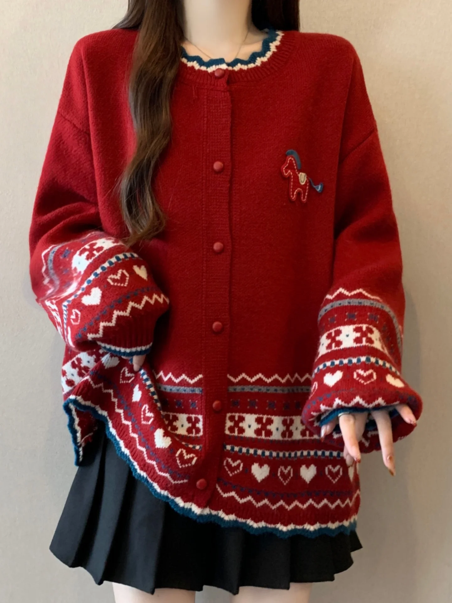 

Red Knitted Open Cardigan Sweater Women's Loose Lazy Style Spring Autumn New Large Size Fat MM Anti-Aging Outerwear