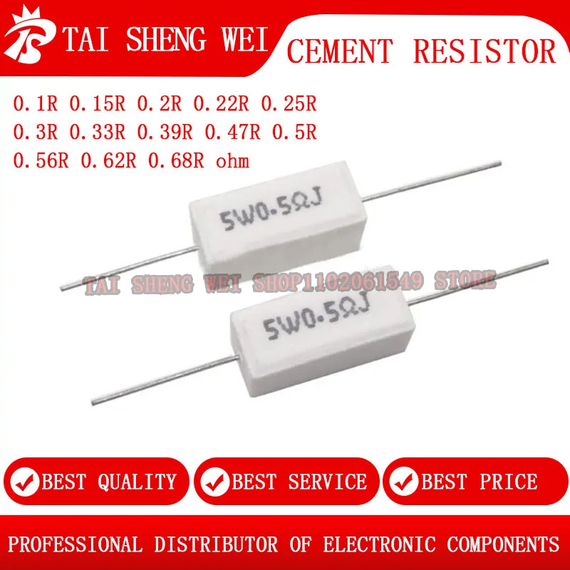 10pcs 5W 5% Cement Resistor Power Resistance 0.1R 0.15R 0.2R 0.22R 0.25R 0.3R 0.33R 0.39R 0.47R 0.5R 0.56R 0.62R 0.68R ohm ΩJ