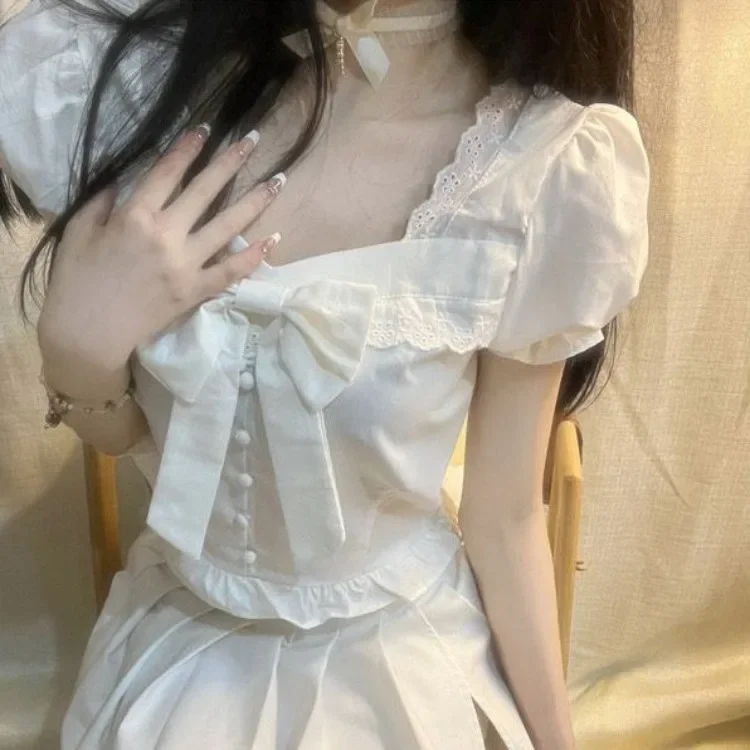 

Новинка лета 2024, женские хрустящие рубашки с милым бантом и пышными рукавами, Blusas Mujer, простые универсальные однобортные облегающие блузки