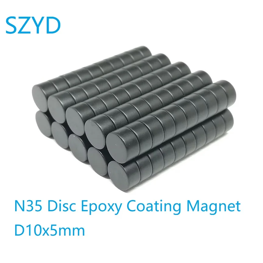 50 100 PCS/LOT N35 Black Epoxy Magnet 10*5 Disc Strong Standard Size Round Waterproof Rustproof NdFeB Magnets 10x5