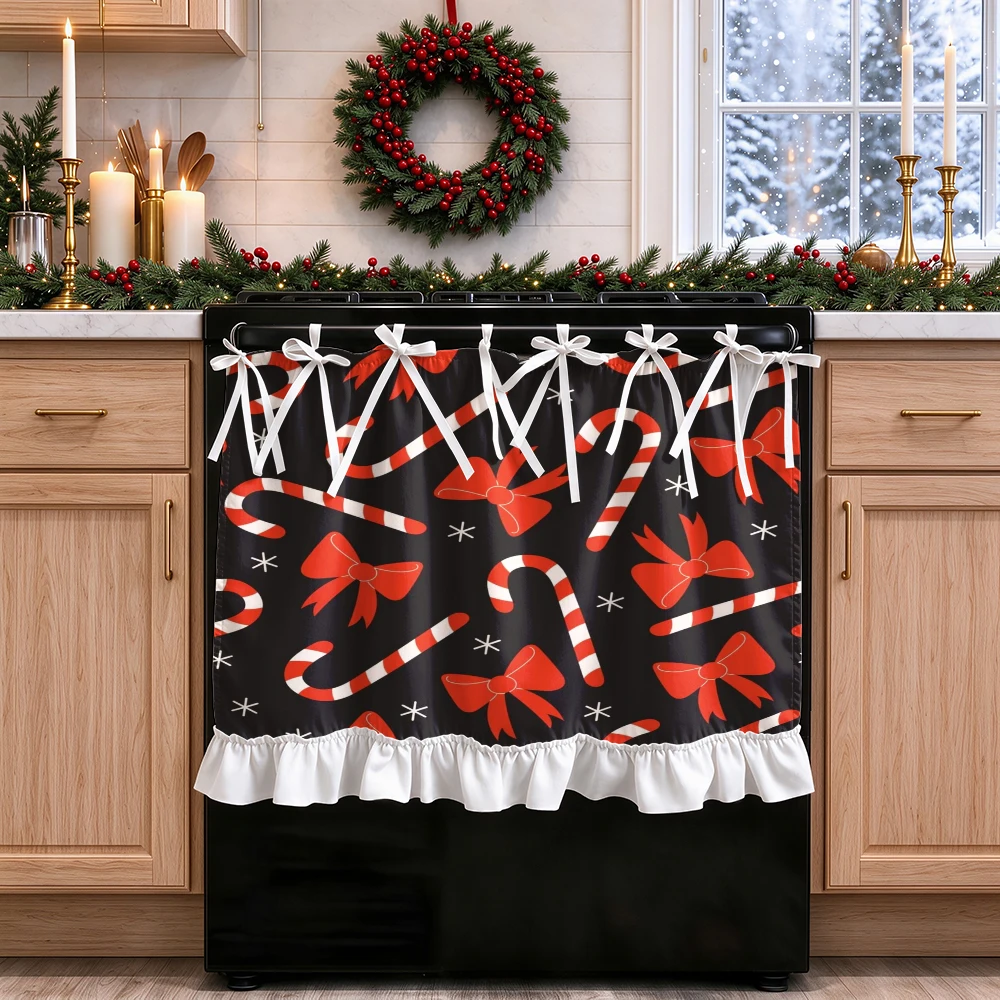 1PC lace up kitchen curtain, ruffled hem, 2D flat Candy Cane Bow Star pattern, cabinet cover curtain, Christmas home decoration