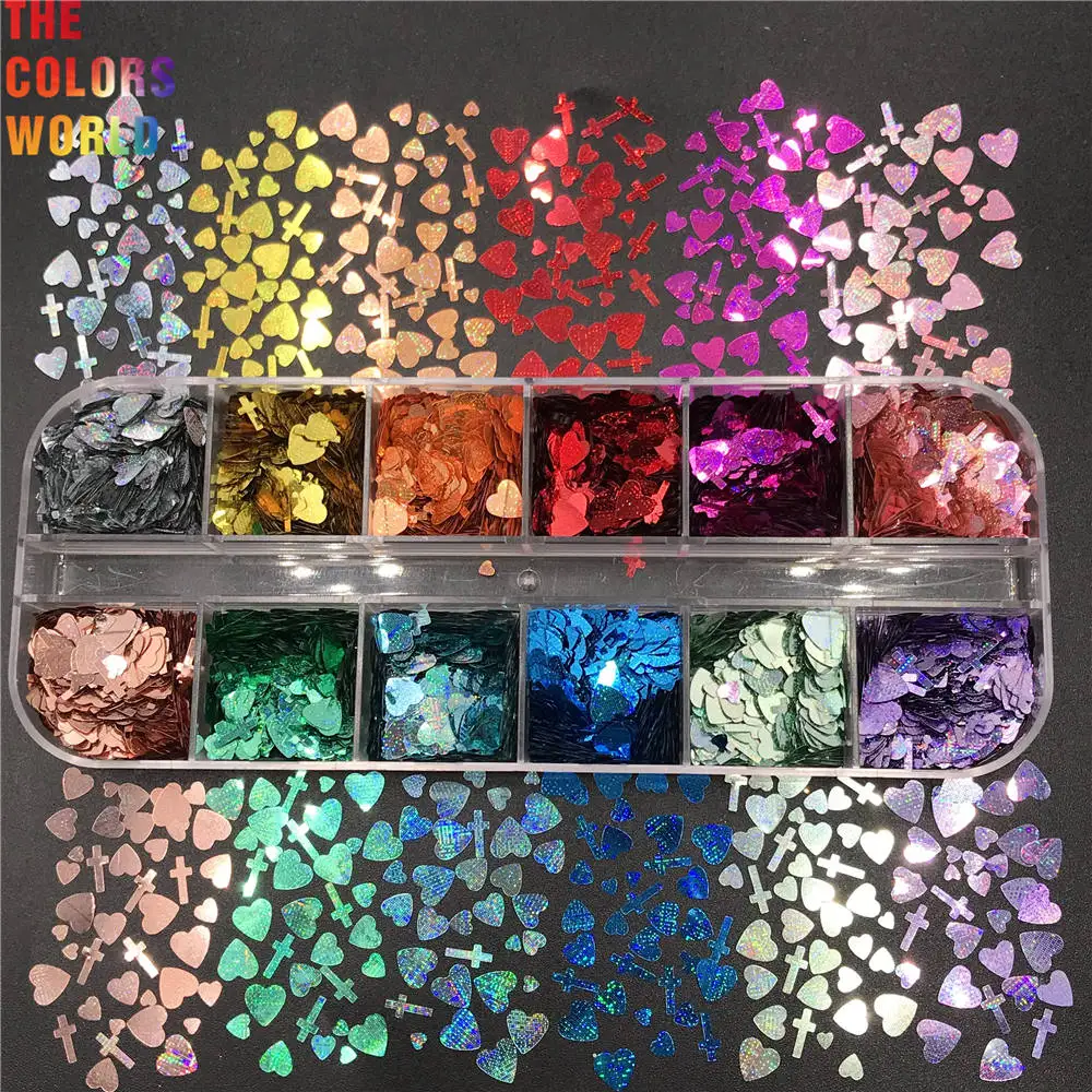 TCT-056 Star Shinning Laser Color Love Heart And Cross Mix Nails Glitter Cosmetics Nail Art Decoration Makeup Facepaint Manual