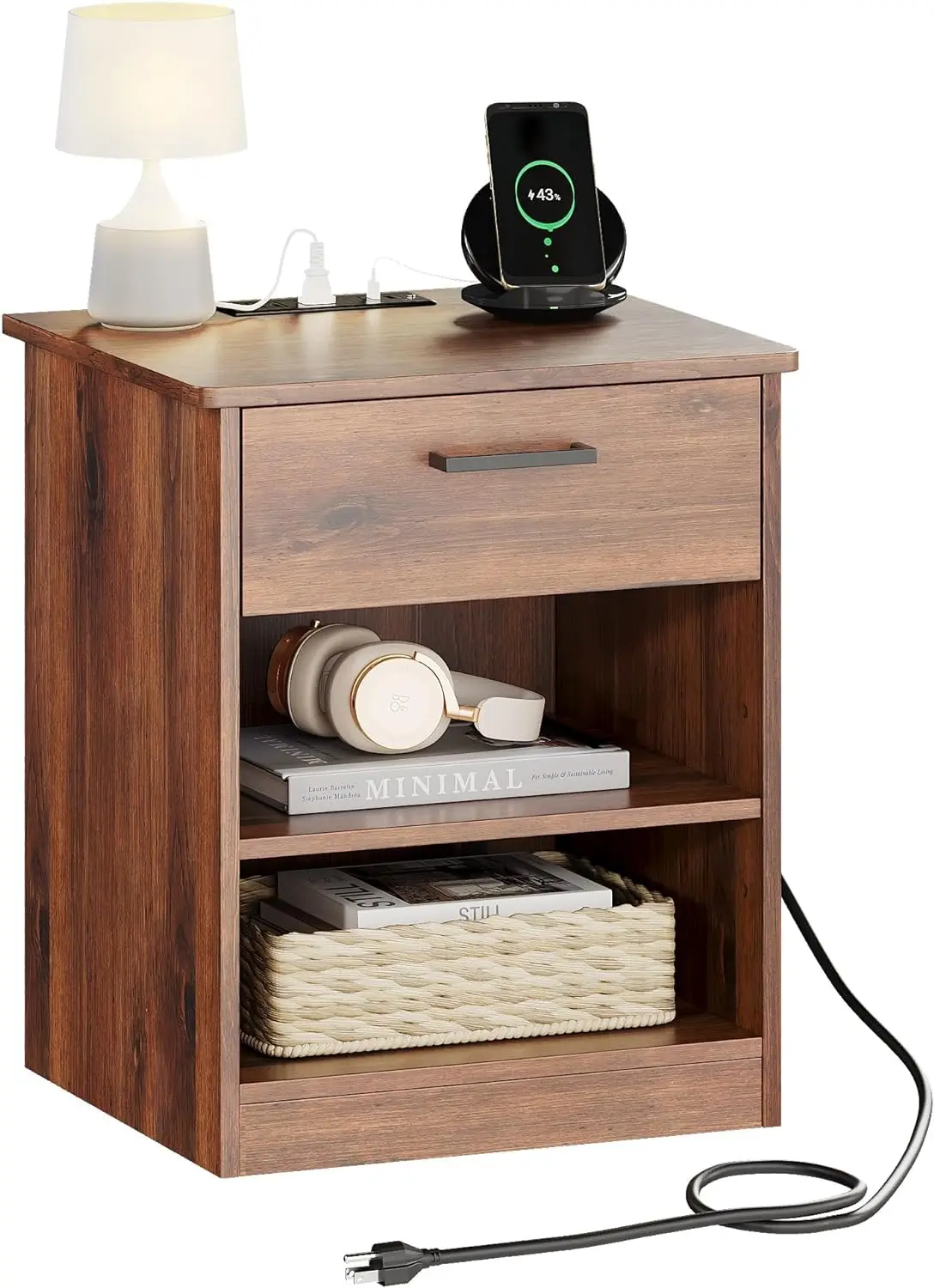 

Comfort Corner Everyday Side Table with Charging Station - Wooden Brown Nightstand Bedside Table with Drawer, End Table