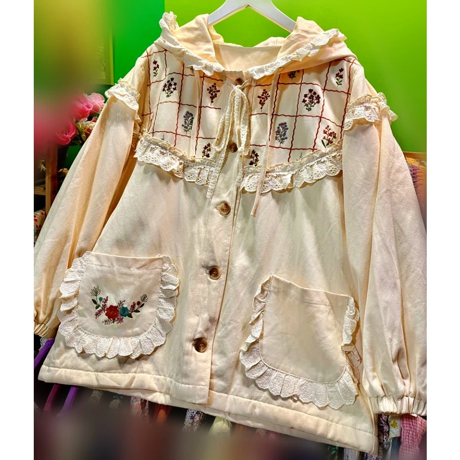 

Winter Korean Fashion Sweet Lace Embroidery Quilting Fleece Coat Harajuku Women Cotton Mori Girl Kawaii Cute Lolita Coat Parkas