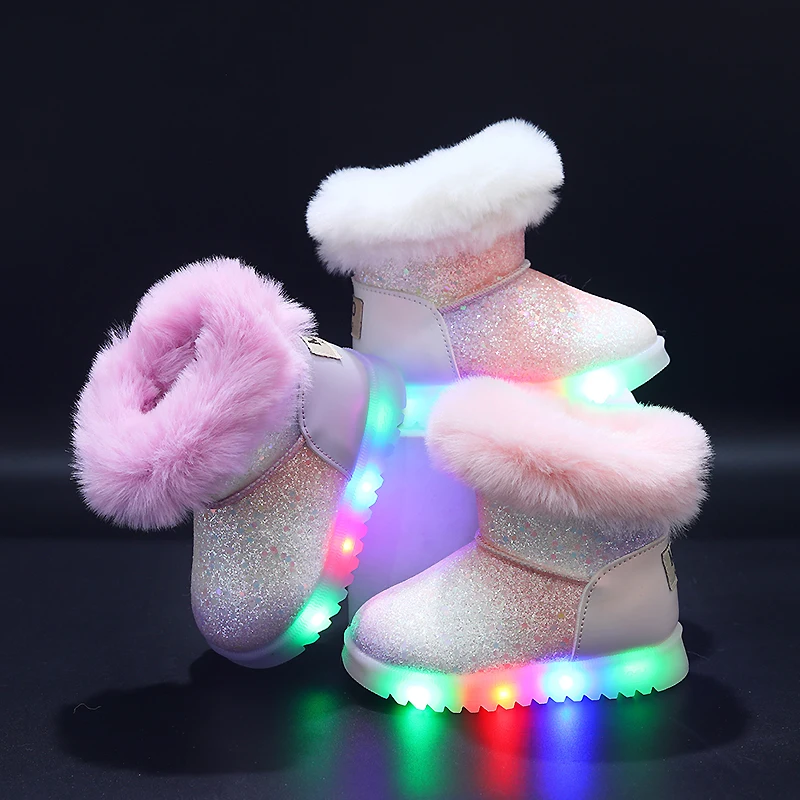 Mgo Kidss Autumn and Winter Girls' Snow Boots, Light-Up Shoes, Casual Fashion Versatile Plush Thickened Warm Cute Soft Baby Snow Boots, Short Boots, Girls' Thickened Plush Lined Snow Boots, Suitable for 1-6 Years Old,