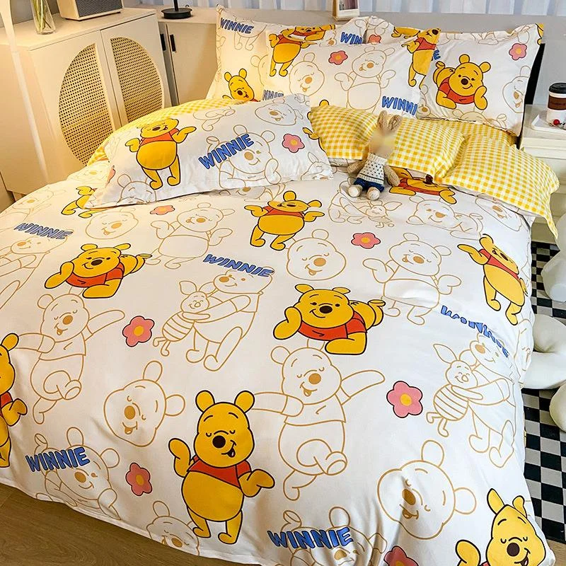 4pcs Disney Pooh Bear Cartoon Quilt Cover Bed Sheet Pillow Cover Winnie bear Cute Printed Bedroom Supplies Bedding Set Decor