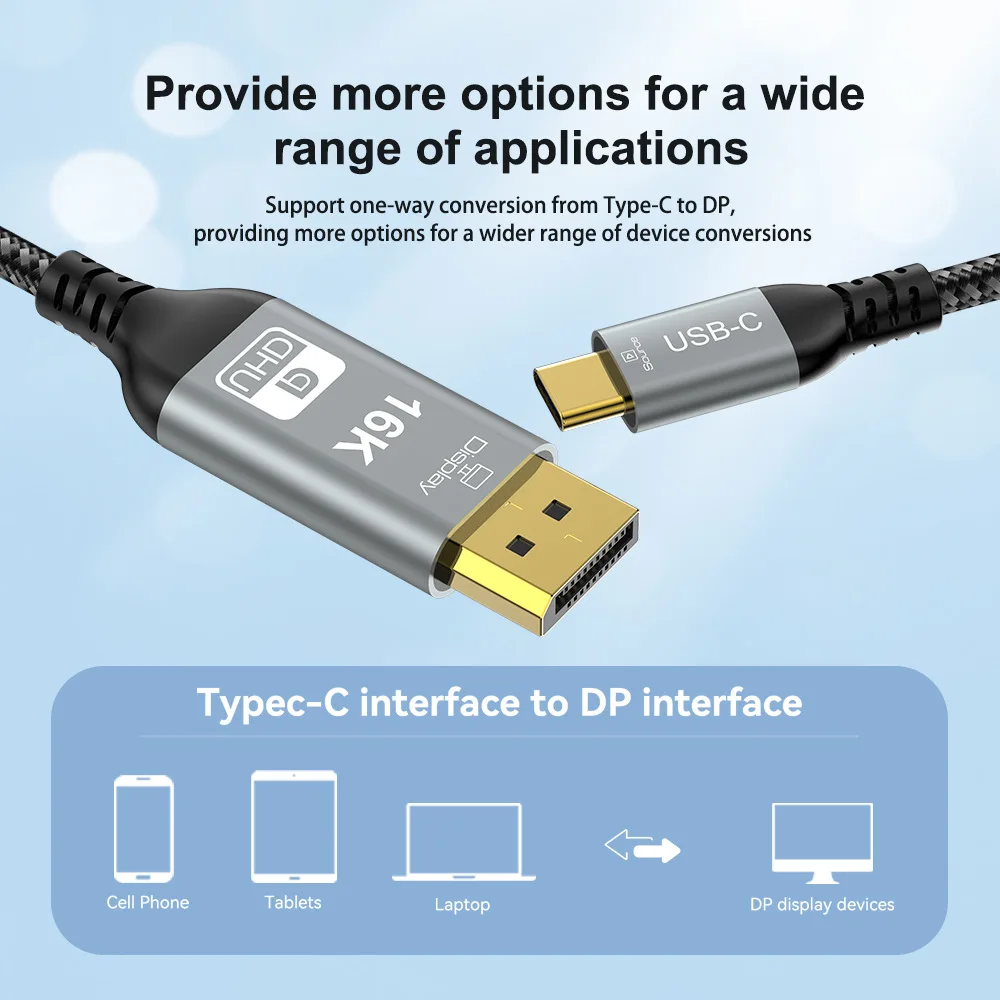 16K@60Hz Type C to DisplayPort 2.1 Cable 8K@60Hz 4K@144Hz USB C to DP2.1 for Thunderbolt 4/3 MacBook Pro Huawei Air Projector