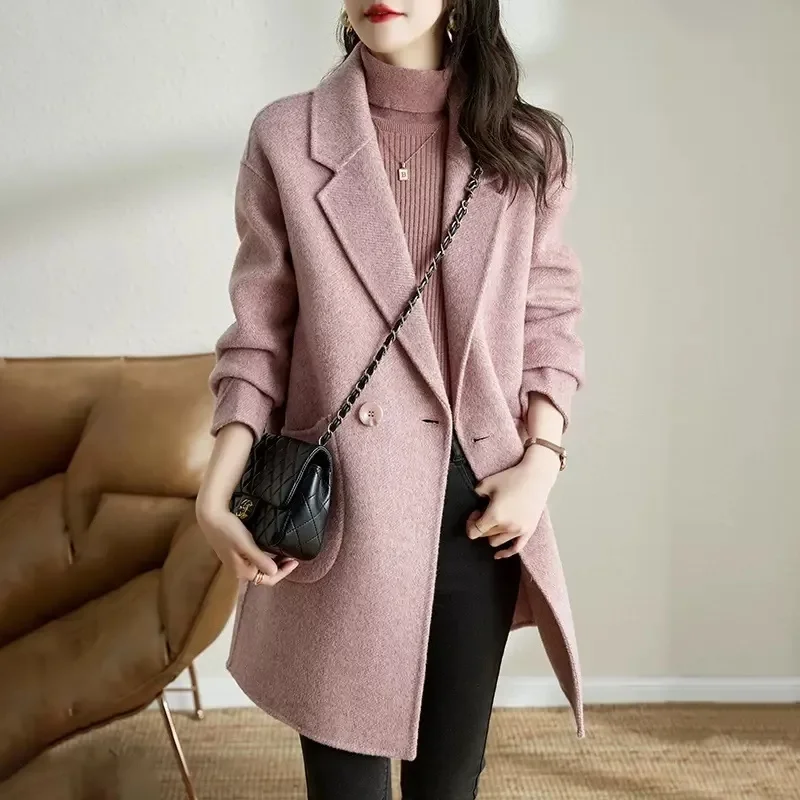 Thickened Mid-Length Women's Woolen Coat Korean Style Autumn Winter New Arrival Elegant Herringbone Pattern Wool Blend Jacket