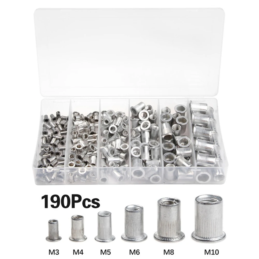 190Pcs Aluminum Rivet Nuts kit M3 M4 M5 M6 M8 M10 Flat Head Metric Threaded Rivetnut Insert Nutsert Rivet Nut Assortment Set