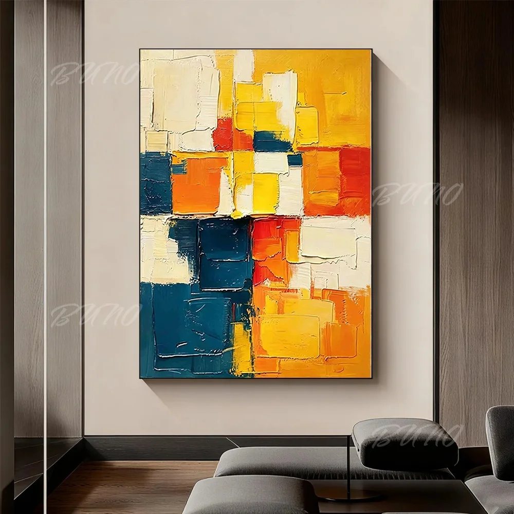 Hand-Painted Abstract Geometric Oil Painting 3D Palette Knife Thick Texture Blue Orange Canvas Wall Art Modern Living Room Decor