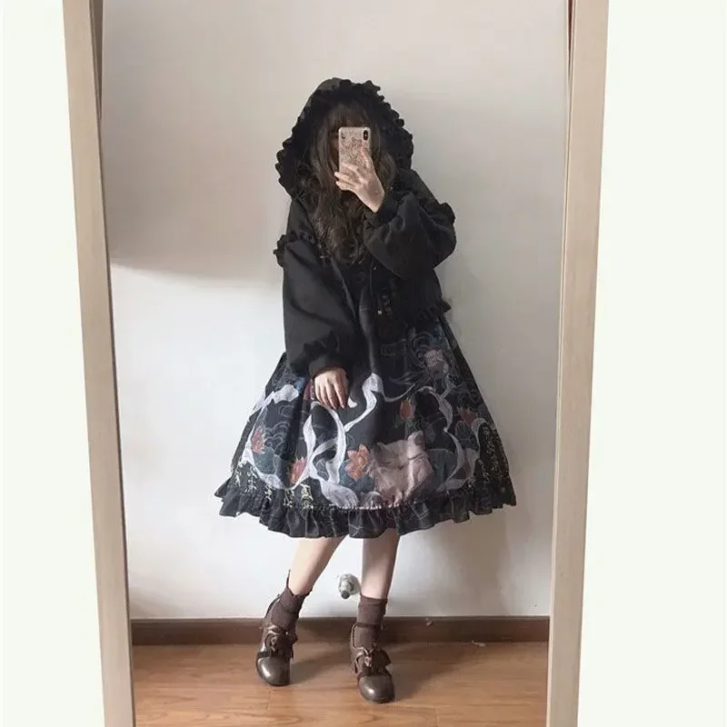 Coalfell Lolita Padded Jacket Female Korean Version of Loose Students Thickened Warm Autumn and Winter Lolita Tweed Cape Kawaii