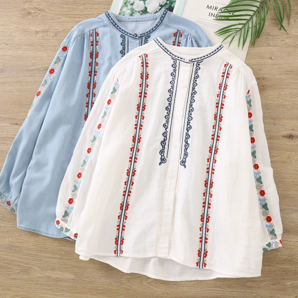 

Retro Flower Embroidery Cotton Denim Long Sleeve Shirt Blouse for Women 3/4 Sleeves Tops Mexico style Ethnic Denim Blouses