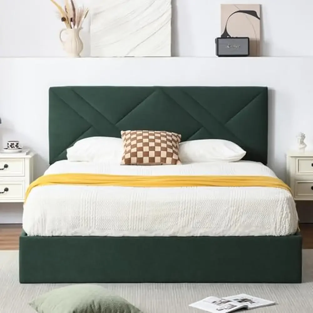 Queen Size Fabric Storage Bed Geometric Headboard Lift-Up Hydraulic Support No Box Spring Dark Green