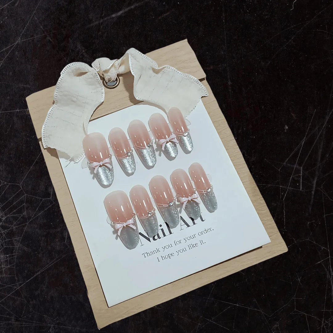 

10pcs Handmade Press On Nails Print Blue Bowknot Cat Eye Fake Nail Tips Wearable Detachable Spice Girls Long Almond False Nails