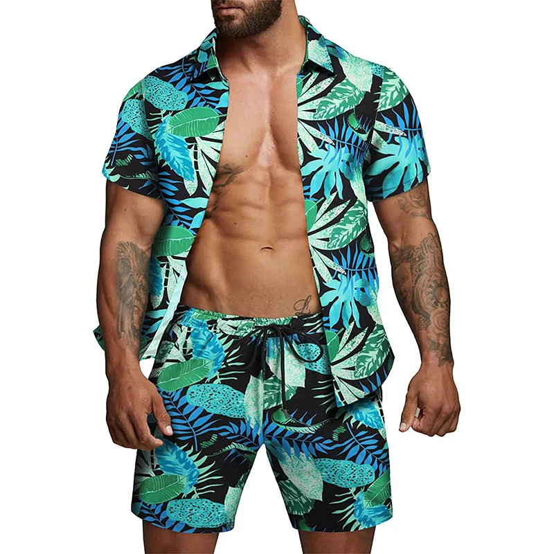 Men s 2 Piece Beach Set Leaves Floral Print Button Down Short Sleeve Shirts and Shorts Sets Holiday Hawaii Matching Outfits