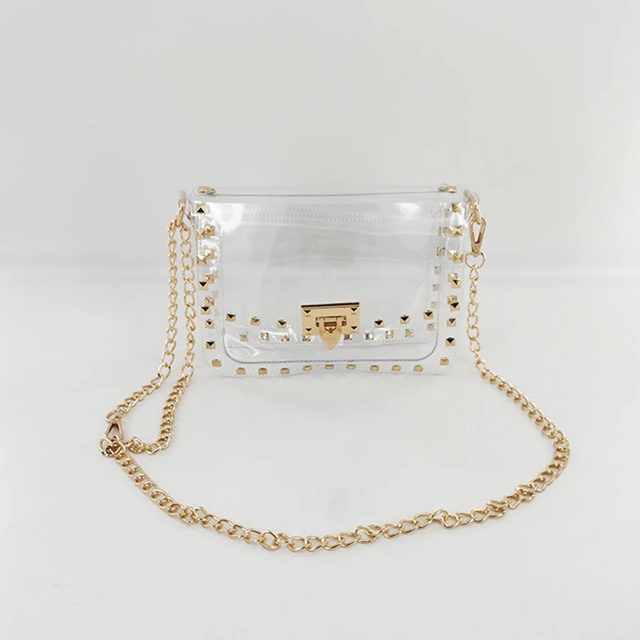 

Fashion Rivet Transparent Small Square Bags For Women PVC Clear Jelly Shoulder Crossbody Bags Chains Flap Handbags Bridal Party