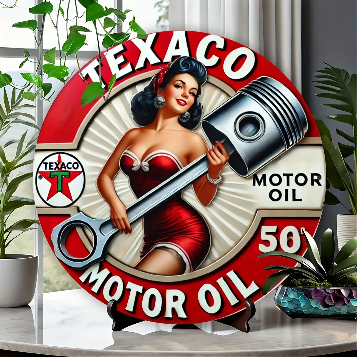 Vintage 2D Printed Texaco Themed Round Metal Wall Plaque Featuring Classic Car Pin Up Girls Decorative Tin Sign for Garage and S