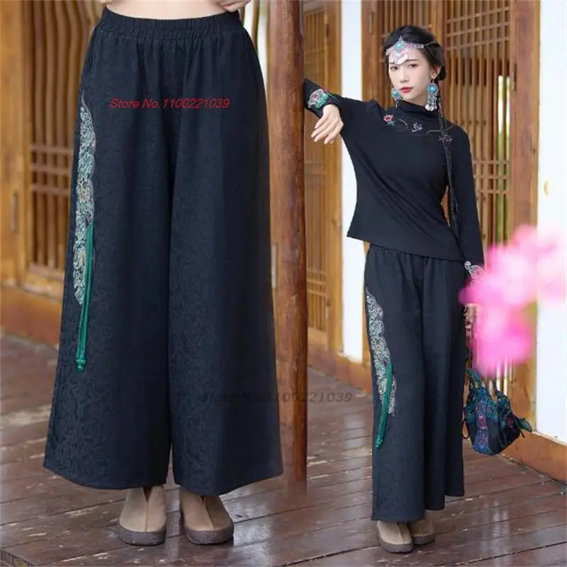 

2024 chinese vintage pants flower embroidered jacquard pants women traditional wide leg trousers ethnic retro folk long pants