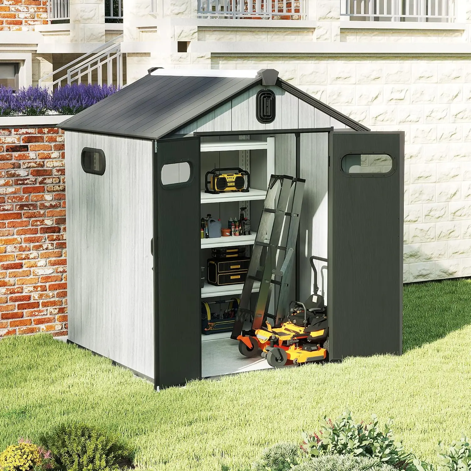 6x6FT Resin Storage Shed with Windows & Vents, Plastic Tool Shed with Lockable Doors for Backyard Patio Lawn, Grey, Customized