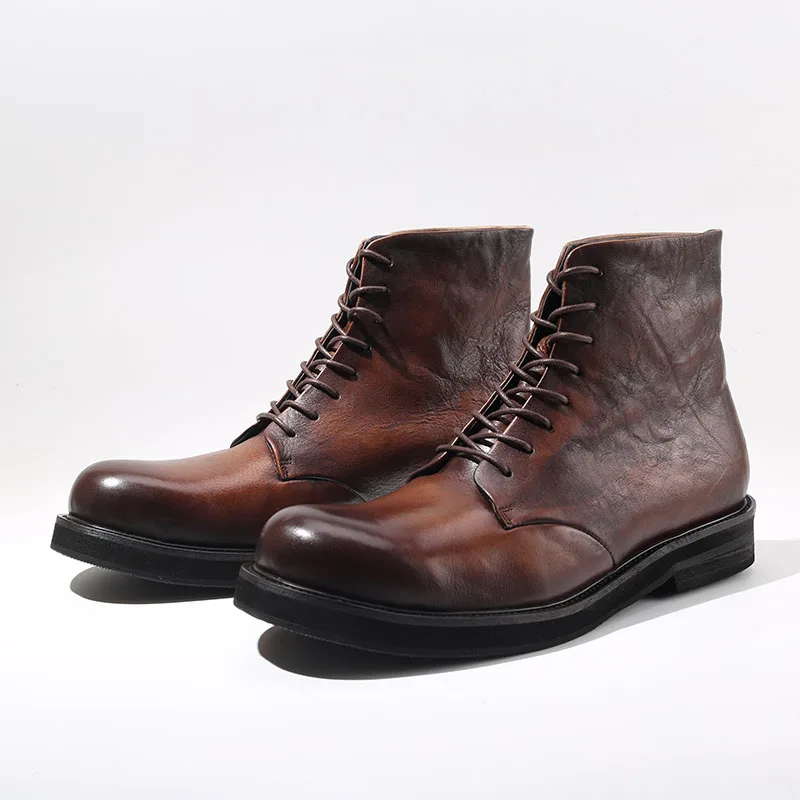 

Retro American Handmade High Top Boots Men's Casual Wear Resistant Rubber Outsole round Toe Leather Coloring Proc