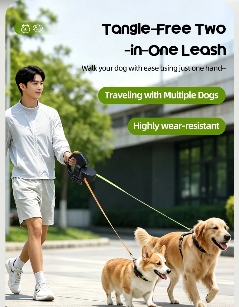 With LED Light Double-Ended Retractable Dog Leash–360° Anti-Tangle,Waste Bag Holder,Perfect for Multi-Dog Families&Outdoor Walks