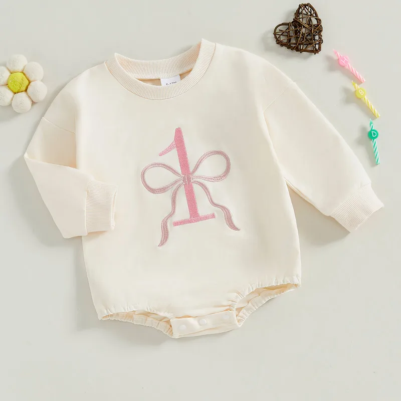 

6 to 18 Months Baby Girl Birthday Bodysuit Spring Autumn Clothes Bow Number Embroidery Crew Neck Long Sleeve Jumpsuit