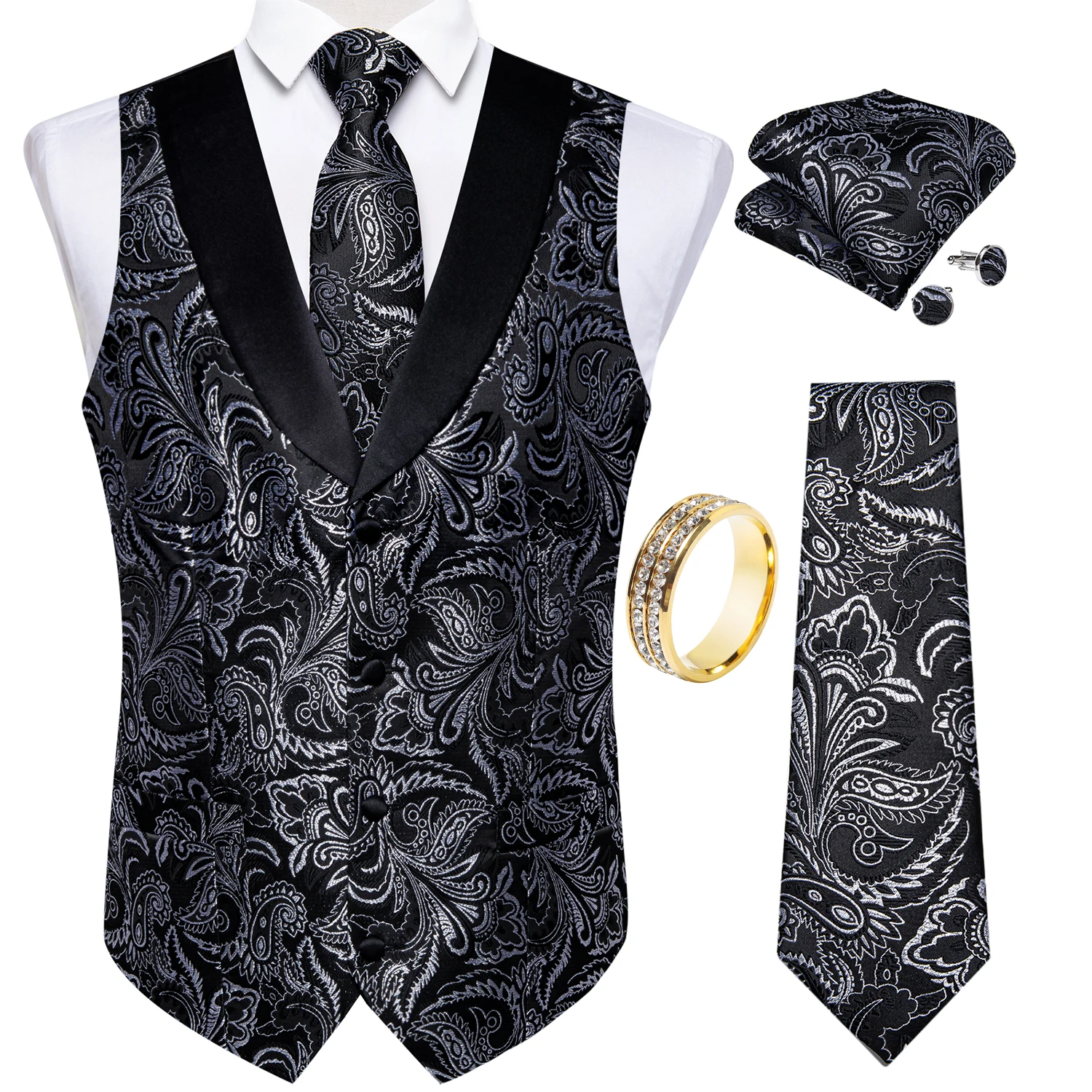 Black Silver Paisley Satin Lapel Vest 5Pcs Set Necktie Pocket Square Cufflinks Gold Rhinestone Ring For Evening Gala Wedding