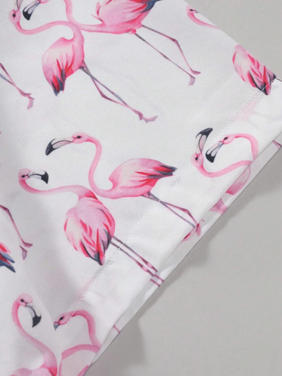 Mens Short Sleeve Button Up Shirt With Pink Flamingo Print Casual Summer Beach Wear