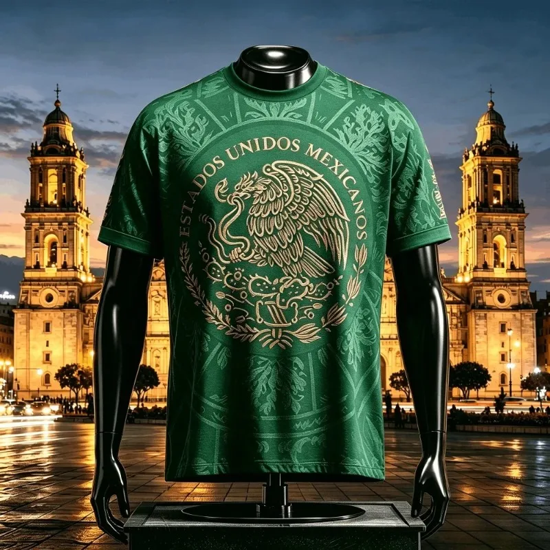 Green Vintage 3D Printed T-Shirt with Mexican Eagle National Emblem, Breathable & Quick Dry Casual Streetwear