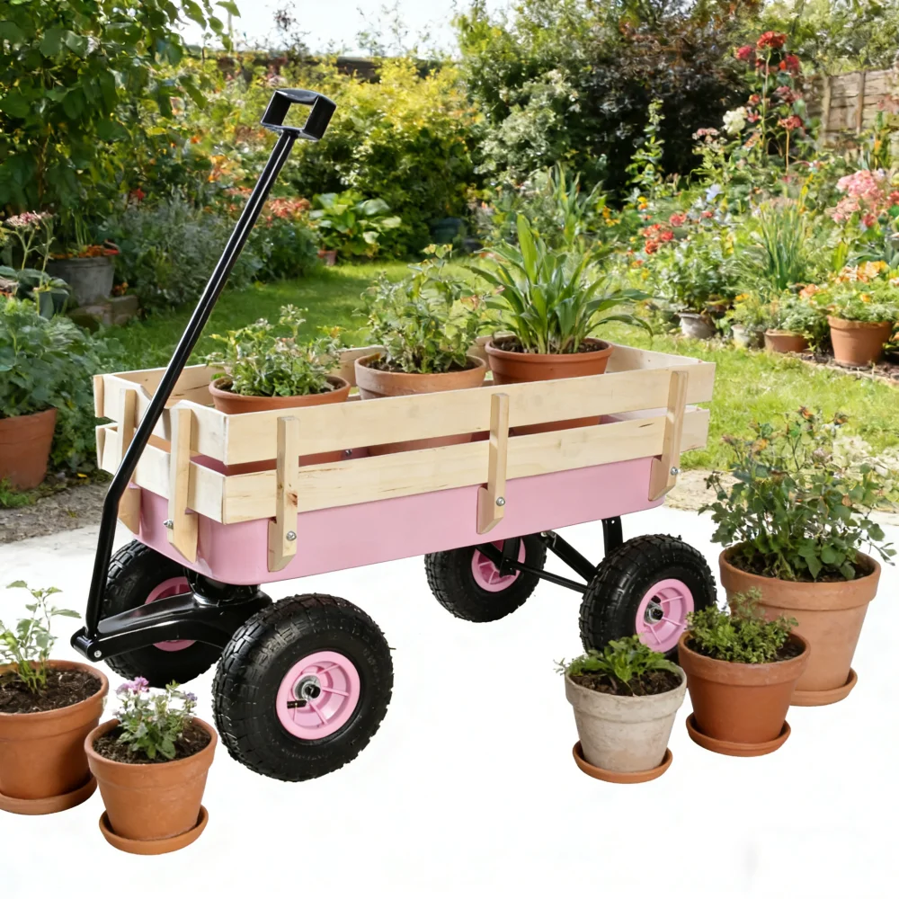 Heavy Duty All Terrain Outdoor Wagon, Garden Cart with Wooden Panels, Air Tires & Railing for Tools Hauling