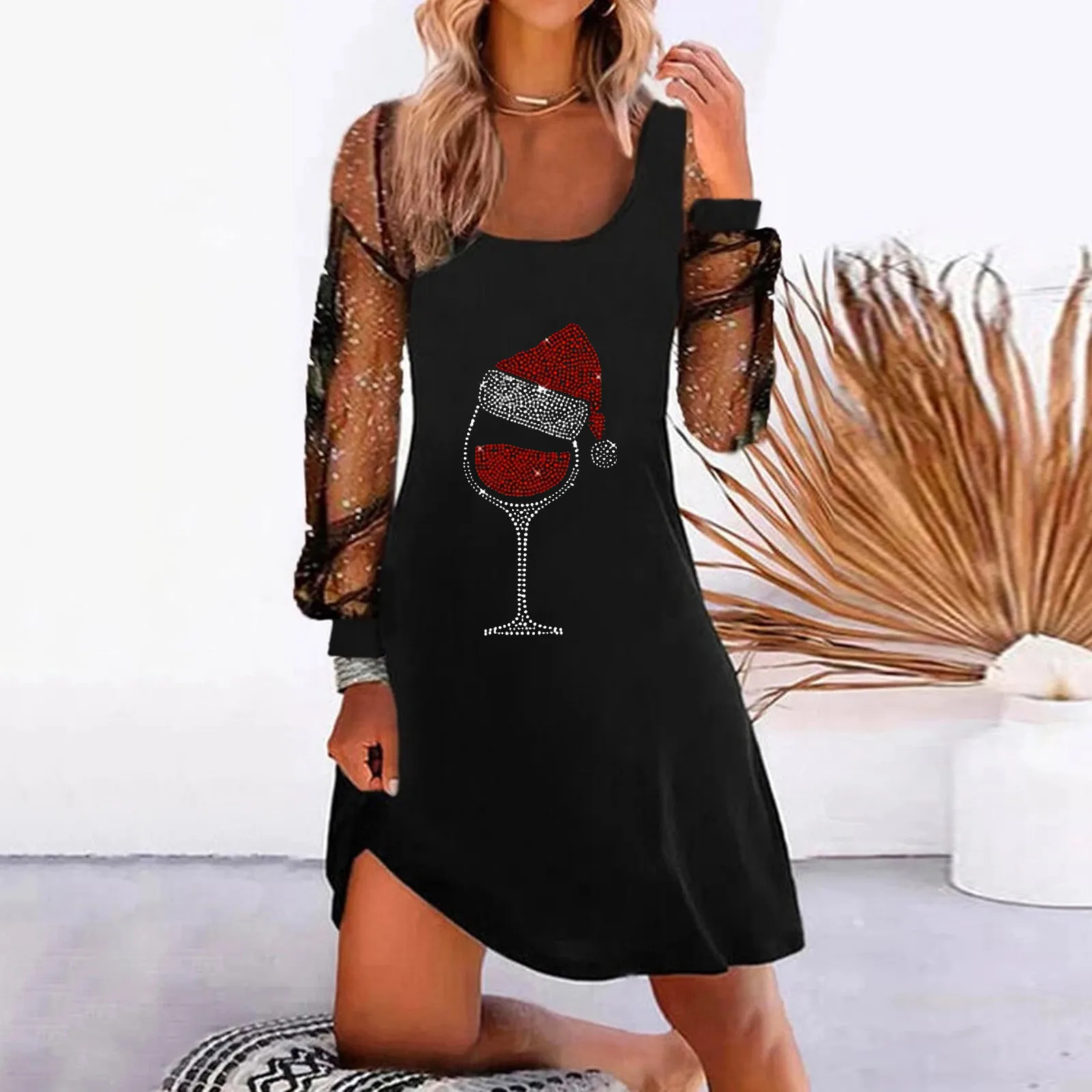 

Women'S Dresses 2024 Summer Fashion Glitter Contrast Mesh Cold Shoulder Casual Plain Long Sleeve Daily Mini Flared Dress