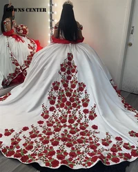 Red Roses Embroidery White Satin Quinceanera Dress 2026 Ball Gown Charro Mexican Dress Off The Shoulder vestido de 15 Customized