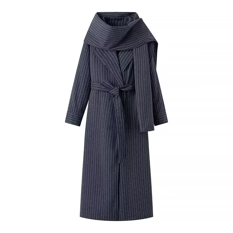 

V Neck Give Scarf Tweed Jacket Women Winter Striped Long Woolen Coat Loose Belt Overcoat Long Sleeve Fashion Streetwear 2024 New