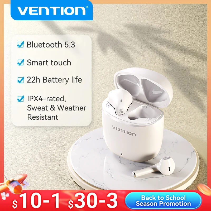 

Vention Bluetooth 5.3 Earphones TWS True Wireless Headphones USB-C Waterproof Stereo Earbuds with Mic Hi-Fi Touch Control Sports