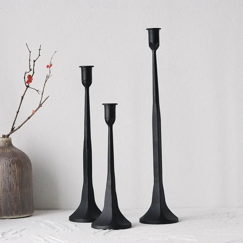 Black Cast Iron Tall Candle Holder, Vintage Decorative Living Room Centerpiece, Sturdy Home Accent & Tabletop Candlestick