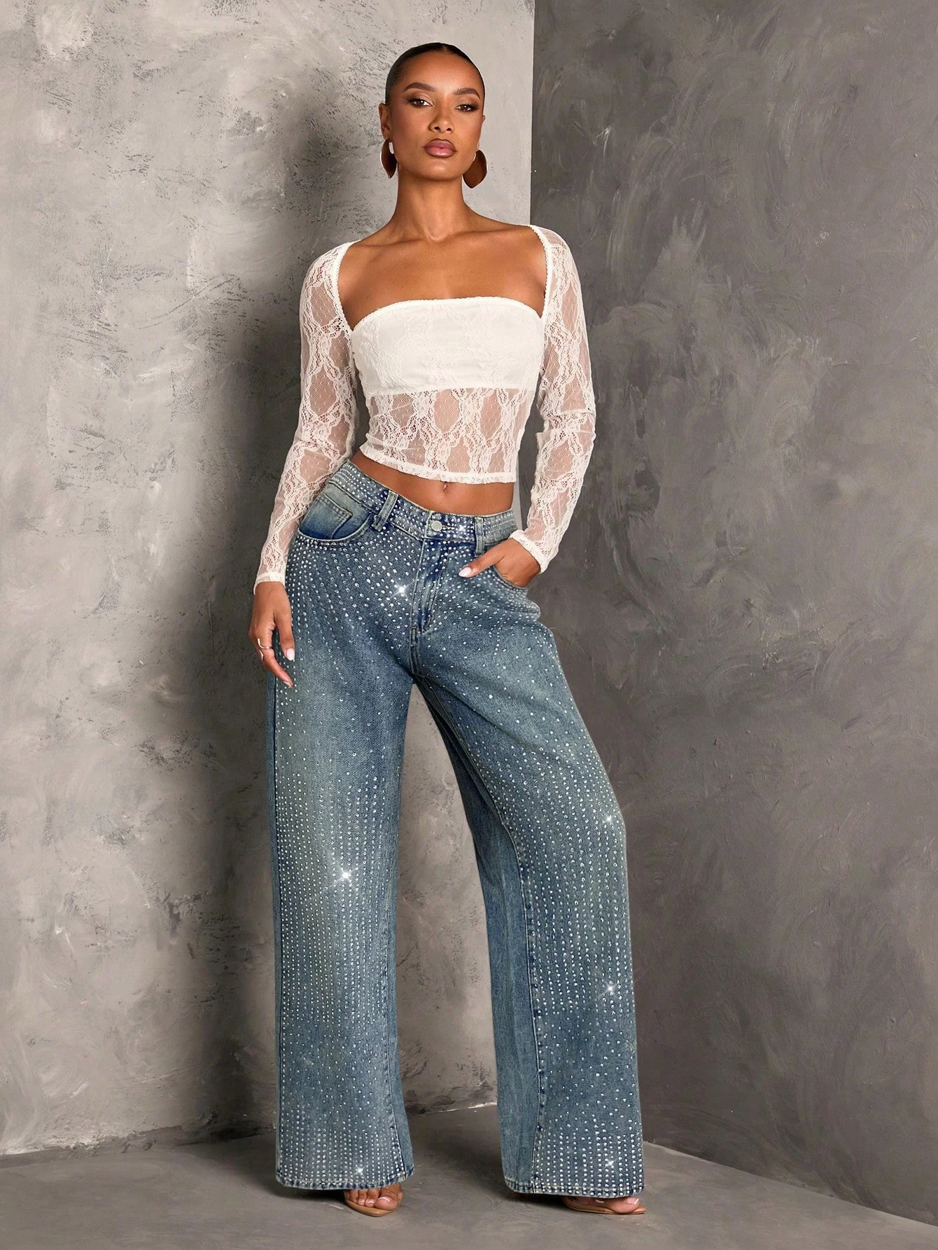 Женские брюки Y2k Джинсы Украшенные светло-голубыми мешковатыми