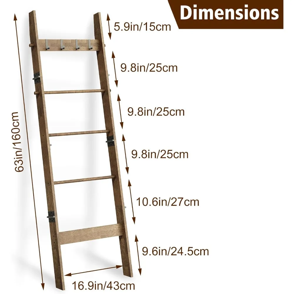 رف سلم من الخيزران مكون من 5 طبقات، سلم بطانية على طراز المزرعة، سلم زخرفي ريفي مع 4 خطافات قابلة للإزالة، بني #3