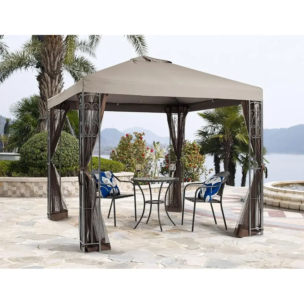 8ft x 8ft Outdoor Gazebo with Mosquito Net in Tan