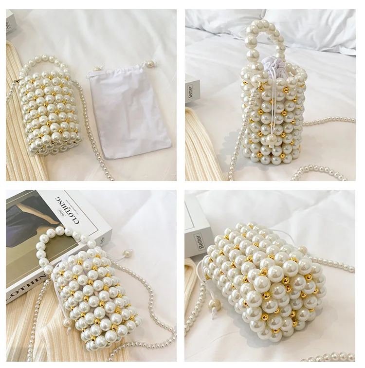 Small Pearl Clutch Bags Crossbody Women Handmade Beaded Cute Purses Handbags Ladies Woven Shoulder Bag Wedding Party