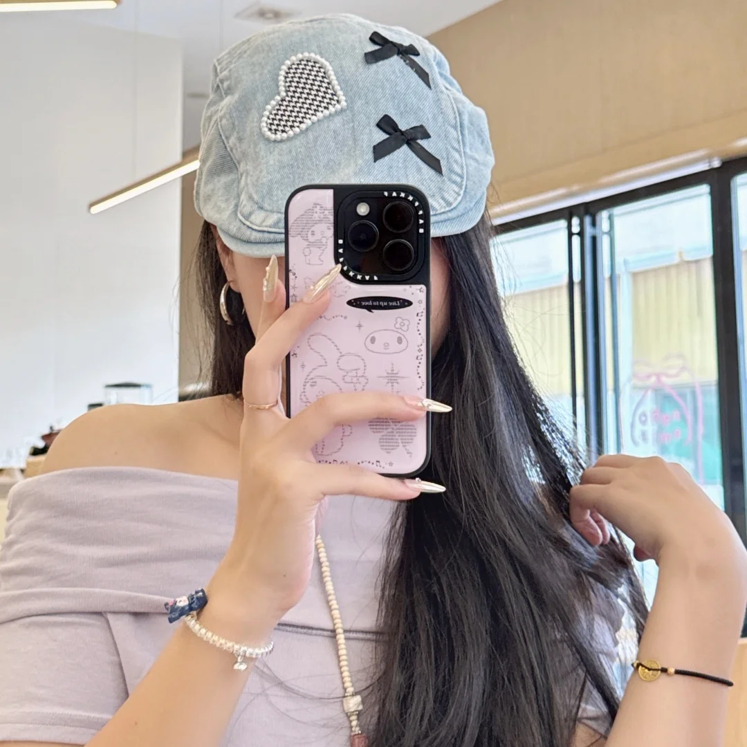 Coque de téléphone de luxe rose mignonne My Melody pour iPhone 13 14 15 16 Pro Max bordure noire époxy goutte à goutte adhésif couverture arrière en Silicone ﻿ ﻿