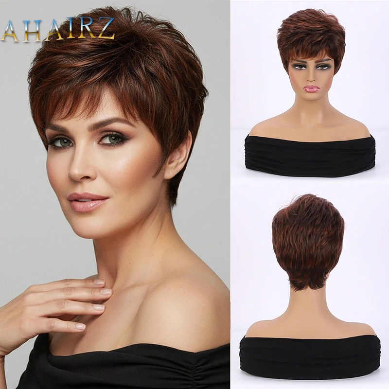 

Women's Synthetic Short Pixie Cut Mixed Brown Curly Wig For White Lady Daily Wear Cosplay Party Fake Hair High Tempreture Fiber