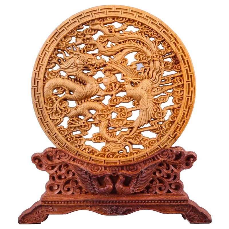 Thuja Wood 14CM Decorative Dish Sculpture Decorative Dish Hollow Wood Wealth Carving Lucky Gift Collection Dragon Home Decor