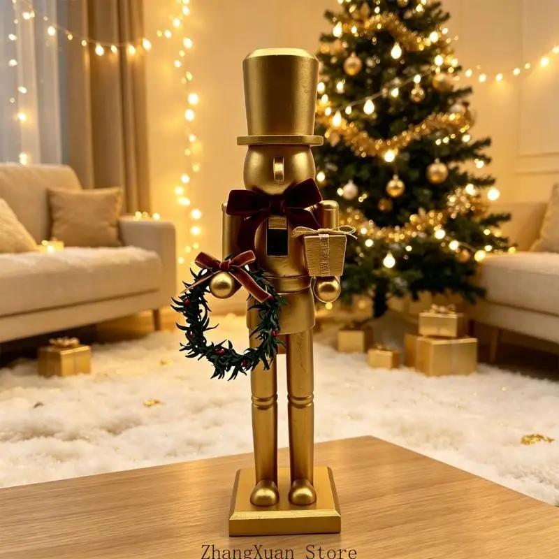 Weihnachts-Nussknacker-Figur, Tischdekoration aus Holz, mattes Gold-Finish mit Kranz-Akzent, 38,1 große Kaminsimse und – Detail 2
