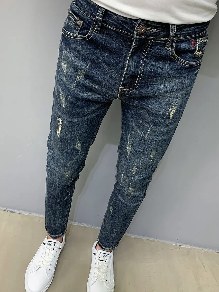 Harajuku Moda Autunno Nuovi Jeans Blu Marchio Alla Moda da Uomo Graffi Cargo Lavoro Coreano Pantaloni Slim Pantaloni Elastici di Lusso