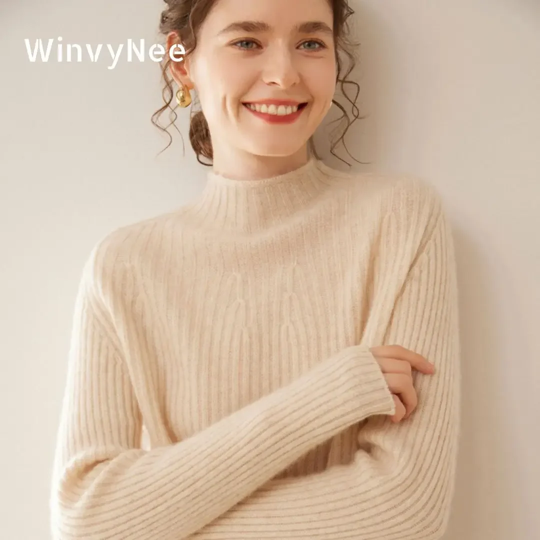 

WinvyNee женский кашемировый свитер с длинным рукавом и полувысоким воротником, шерстяные тонкие повседневные джемперы, однотонные трикотажные изделия, пуловеры, весна A 1464027