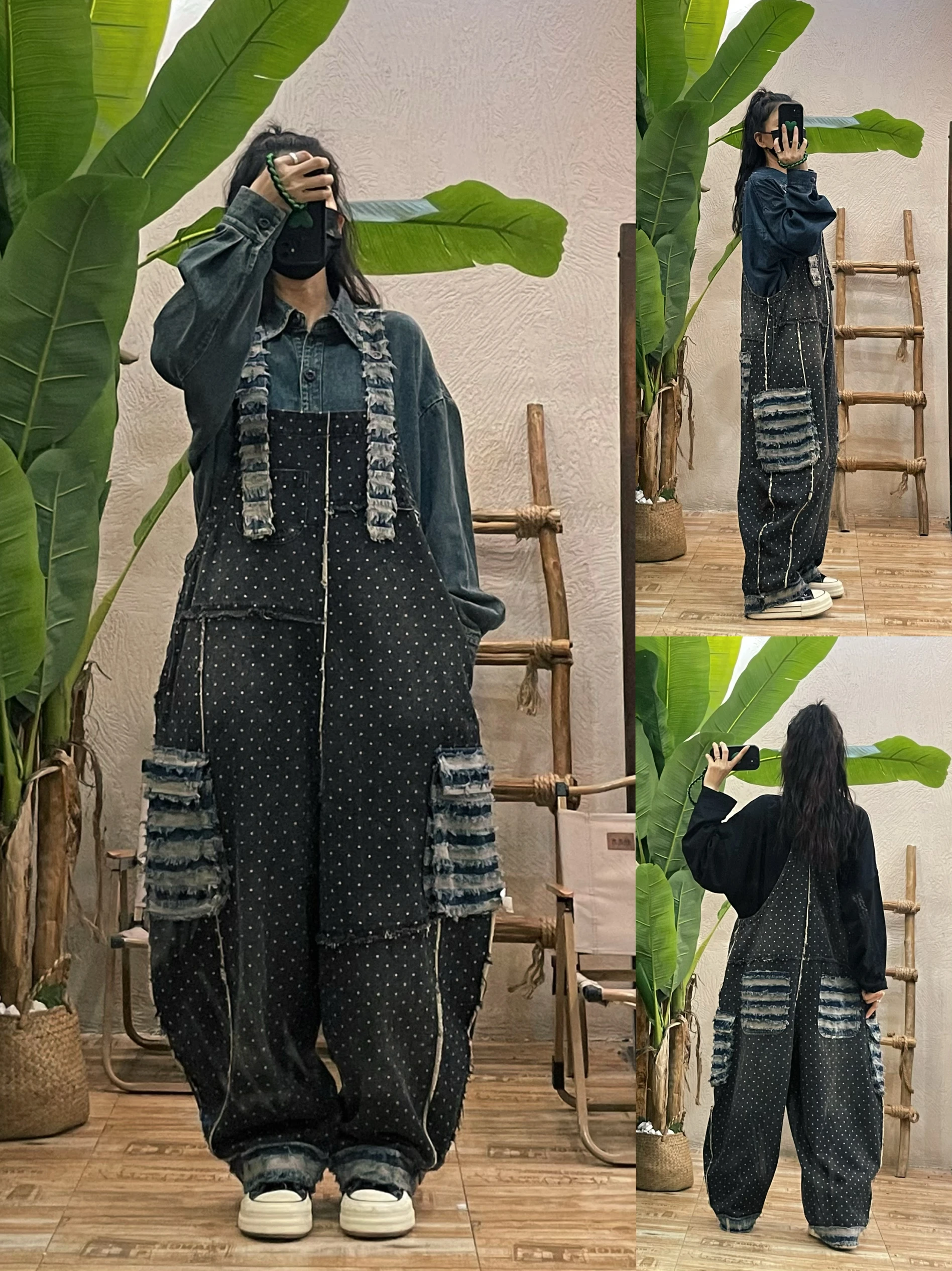 

Ретро джинсовые комбинезоны с принтом в горошек и пэчворком, женские свободные длинные брюки, повседневные, осенние, новые, для работы и отдыха