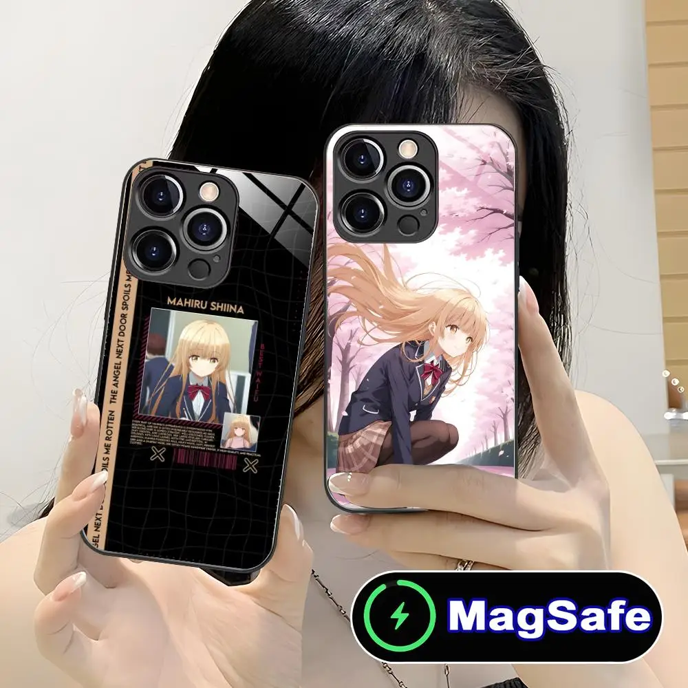 Angel Mahiru Shina حافظة هاتف محمول لهاتف آيفون 16 15 14 13 12 11 Pro Max Plus Mini MagSafe غطاء حماية زجاجي جميل